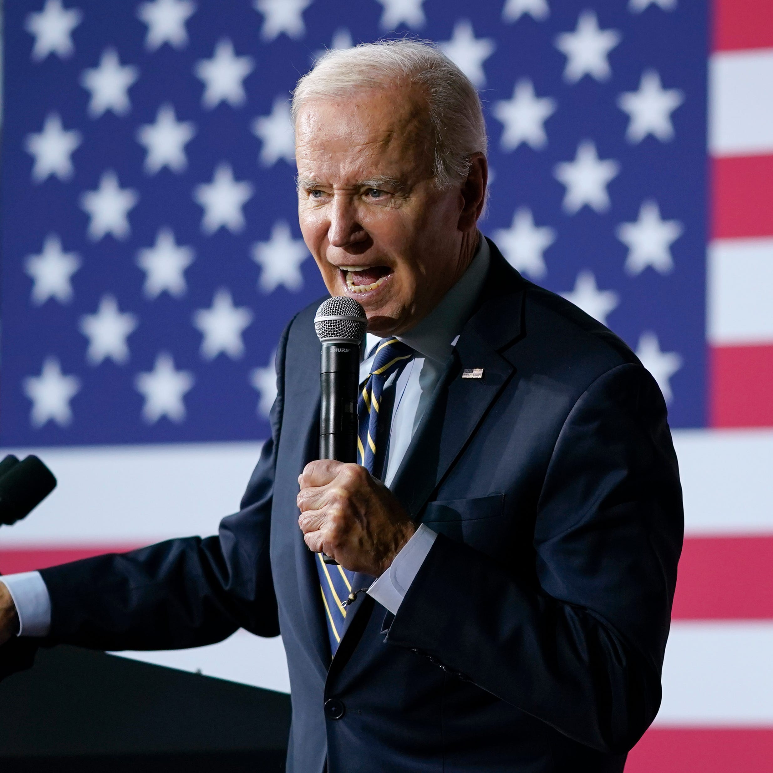 President Joe Biden speaks about his economic agenda at International Union of Operating Engineers Local 77's training facility in Accokeek, Md., Wednesday, April 19, 2023. (AP Photo/Patrick Semansky) ORG XMIT: MDPS419