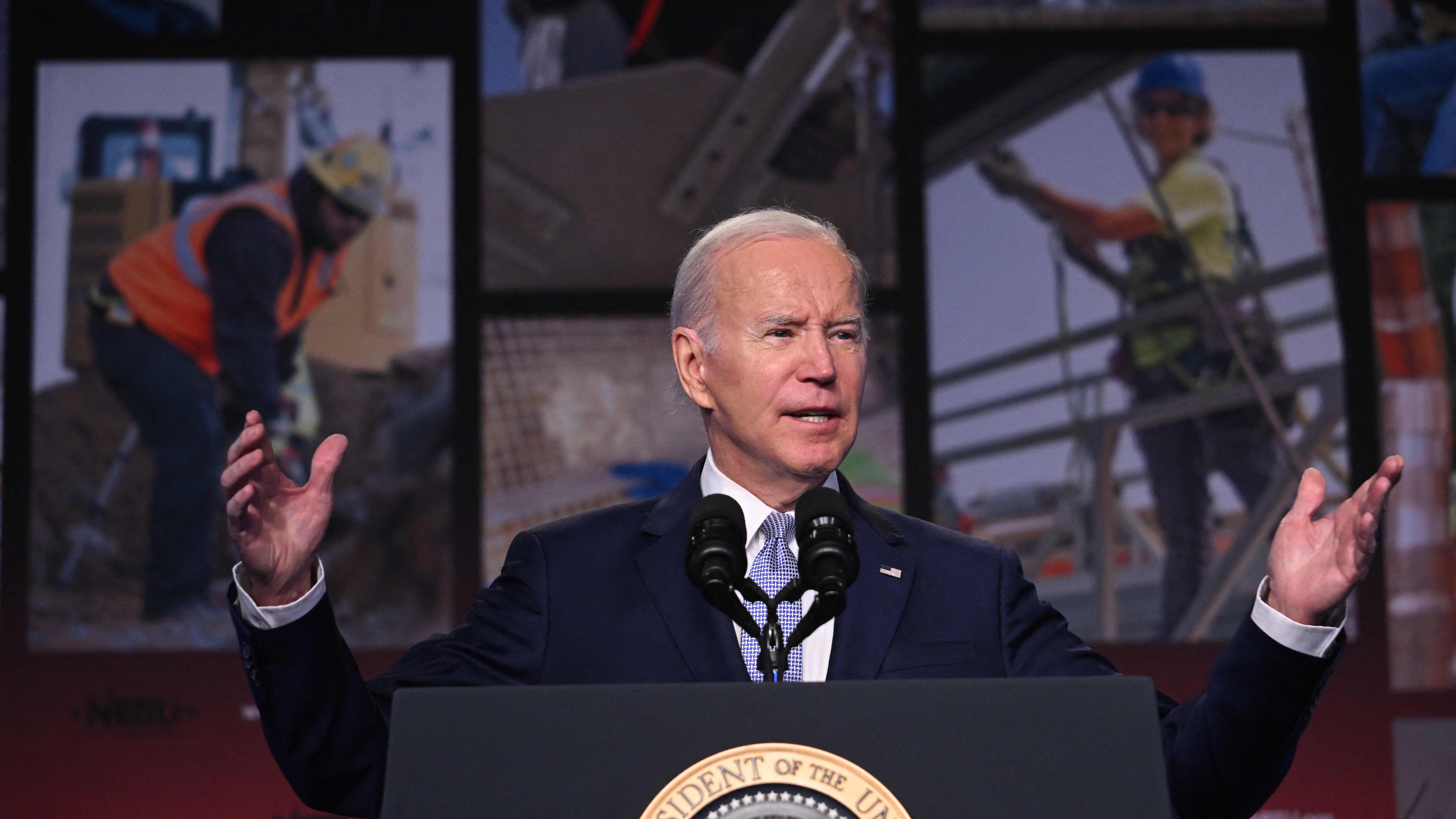 President Joe Biden speaks about the creation of new manufacturing jobs at the Washington Hilton in Washington, DC, April 25, 2023.