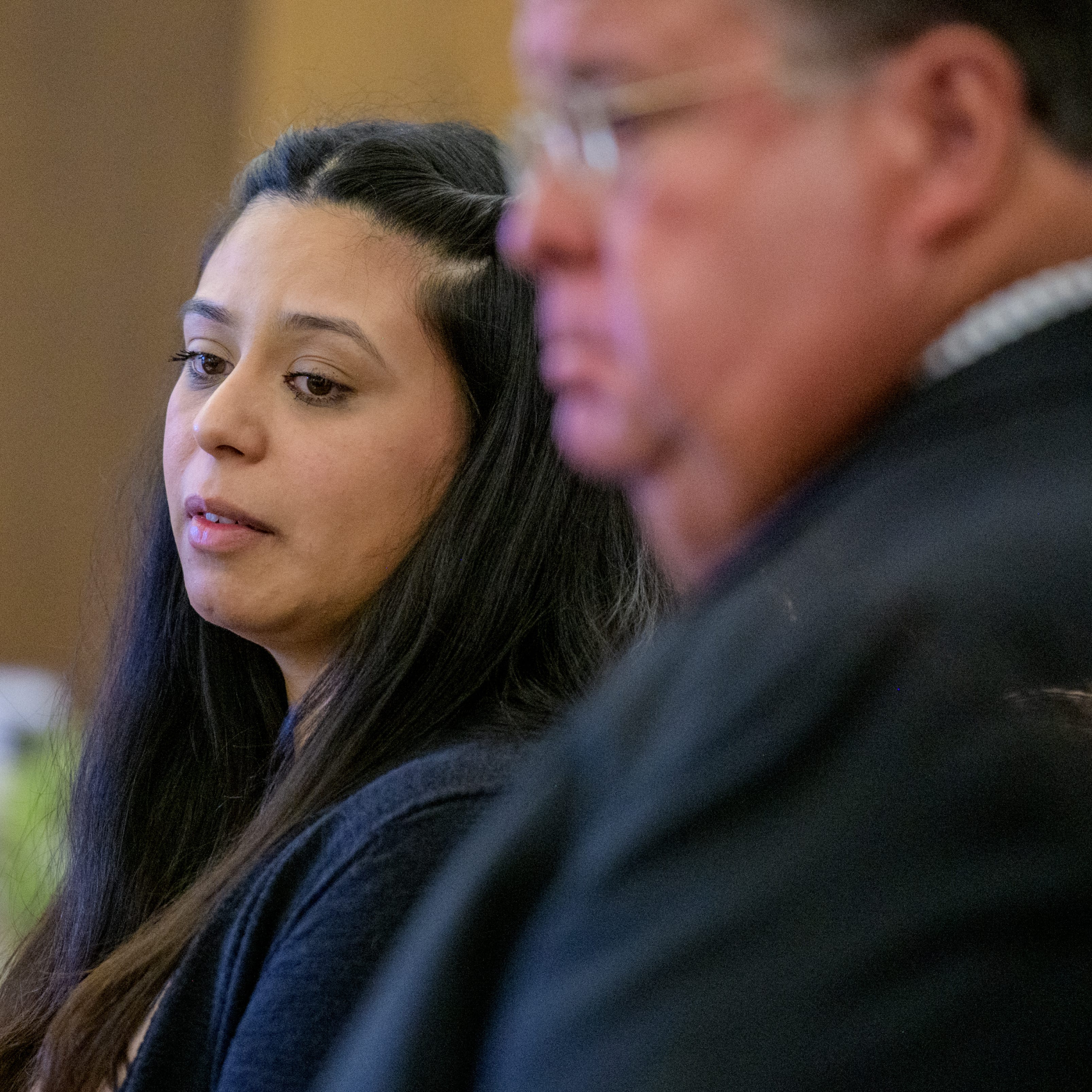 Stephanie Melgoza of Farmington was sentenced to 14 years in prison Thursday, April 27, 2023 at the Tazewell County Courthouse for the DUI-related deaths of Andrea Rosewicz, 43, and Paul Prowant, 55, on April 10, 2022 on North Main Street in East Peoria. At right is her attorney Kevin Sullivan.