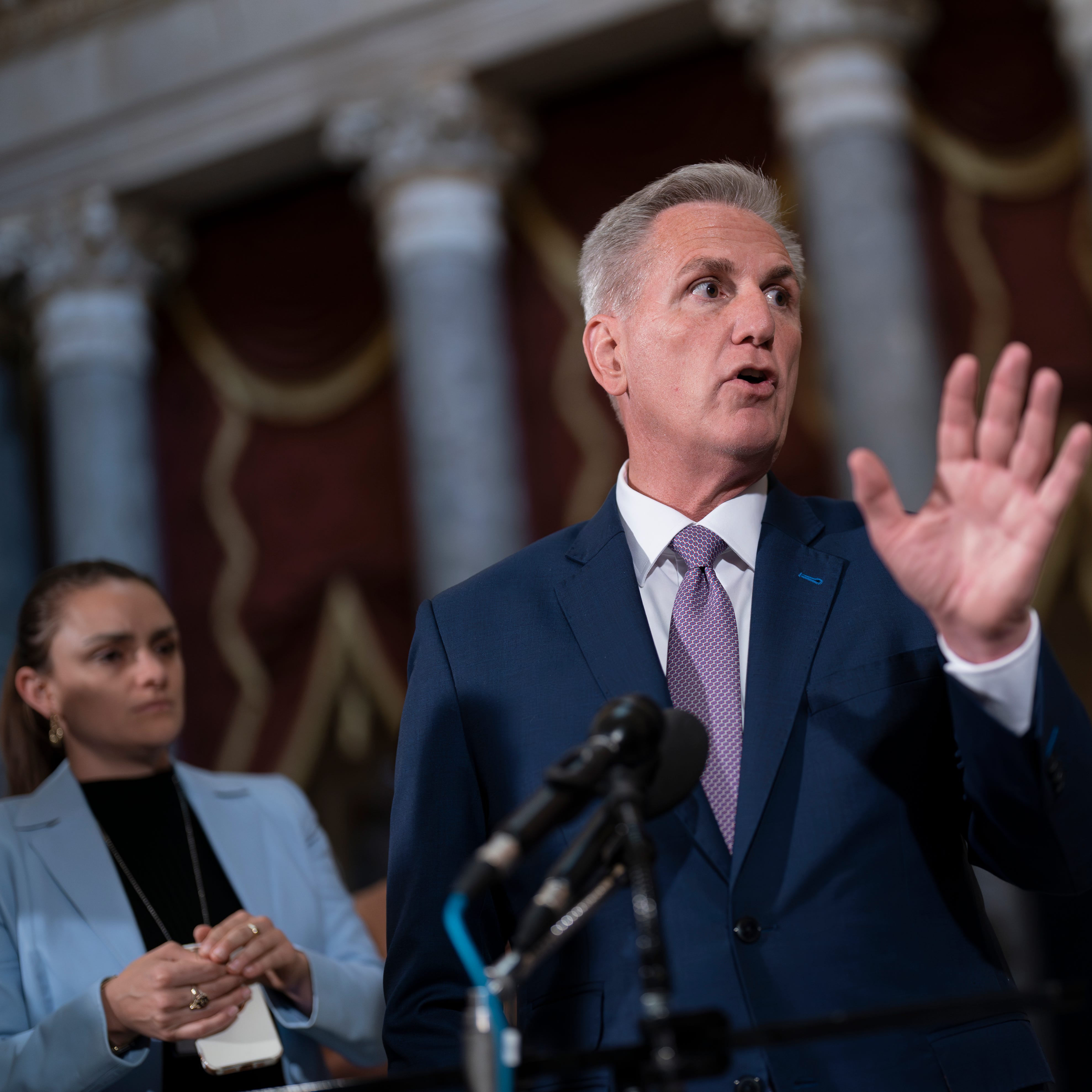 Speaker of the House Kevin McCarthy, R-Calif., talks to reporters just after the Republican majority in the House narrowly passed a sweeping debt ceiling package as they try to push President Joe Biden into negotiations on federal spending, at the Capitol in Washington, Wednesday, April 26, 2023.