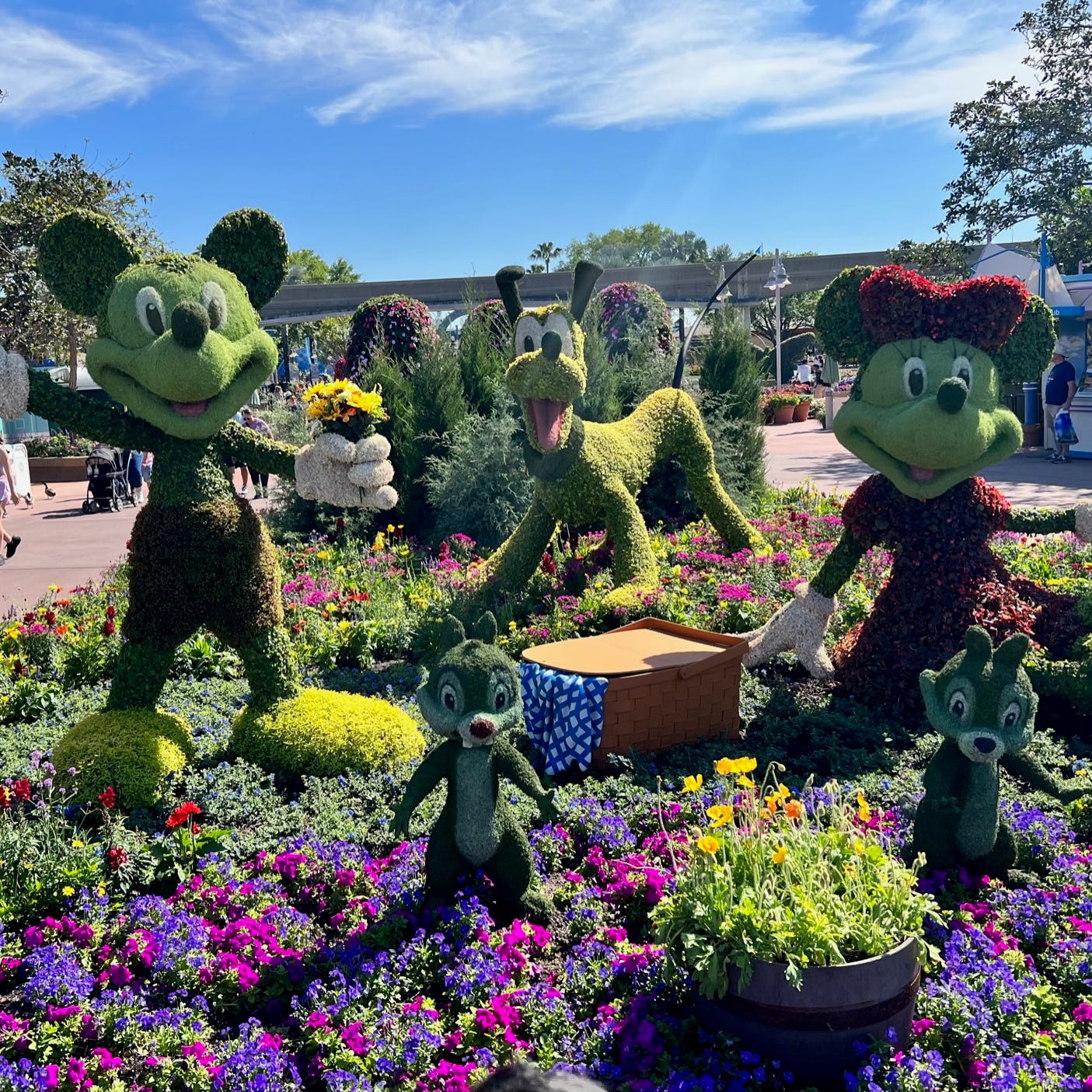 Mickey, Minnie Pluto, Chip and Dale topiaries greet guests during EPCOT International Flower & Garden Festival.