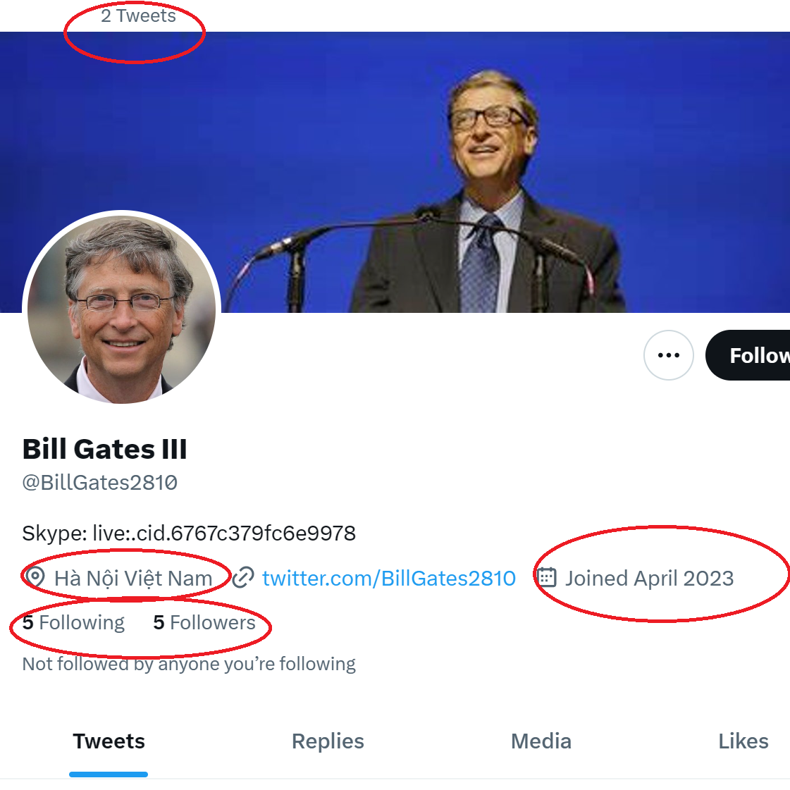 Imposter and/or bot accounts, like this Bill Gates profile on Twitter, is even using the Microsoft co-founder's real picture – but there are obvious red flags here.