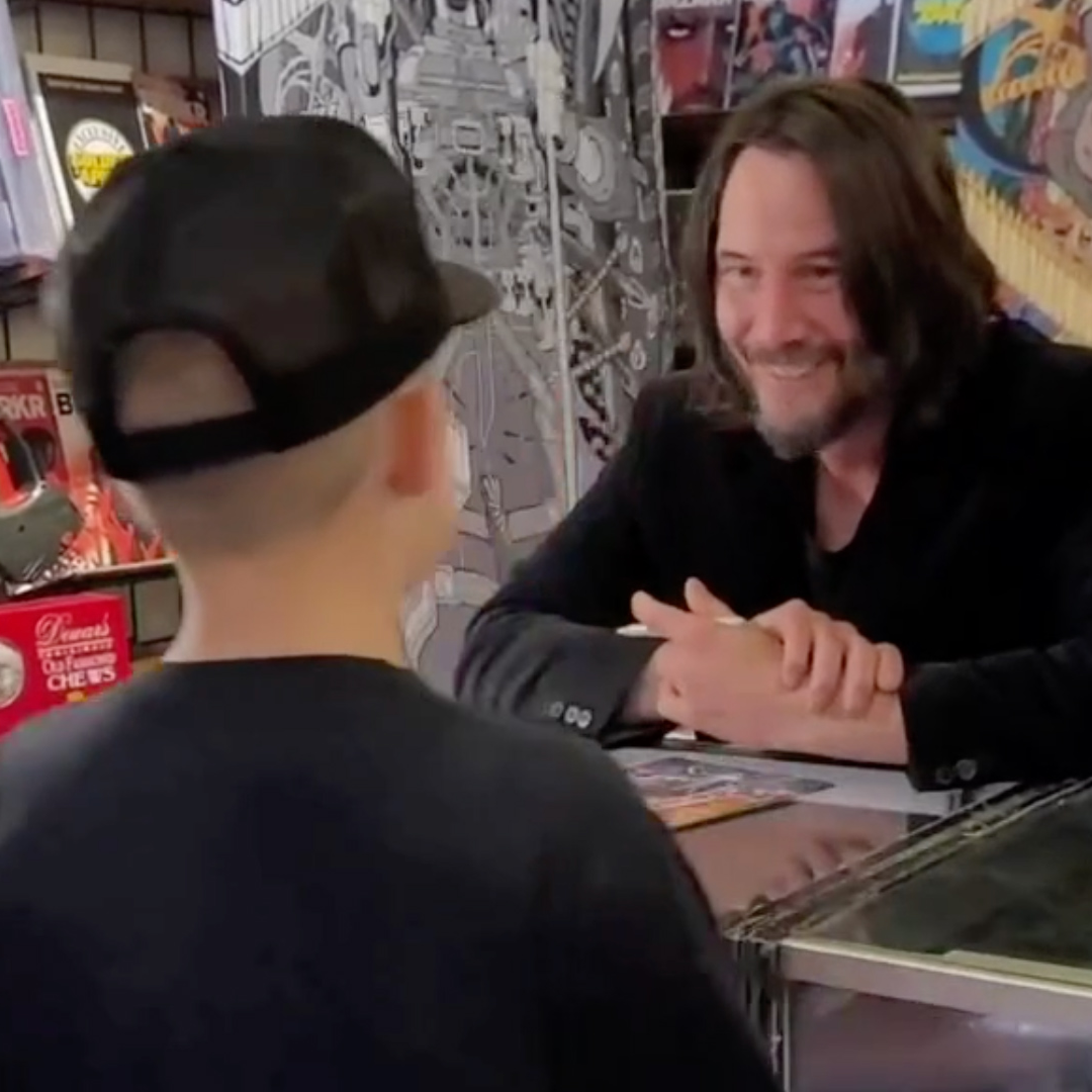 Actor Keanu Reeves gives a heartwarming interview with a kid superfan at a comic book store.