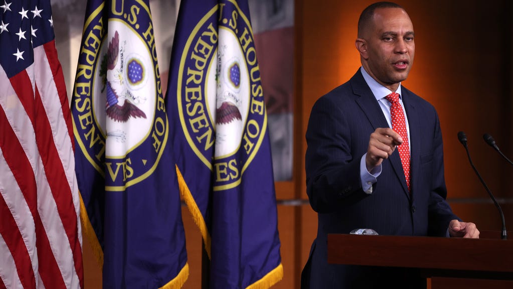 U.S. House Minority Leader Rep. Hakeem Jeffries, D-N.Y., speaks during a weekly news conference at the U.S. Capitol on April 28, 2023 in Washington, DC.