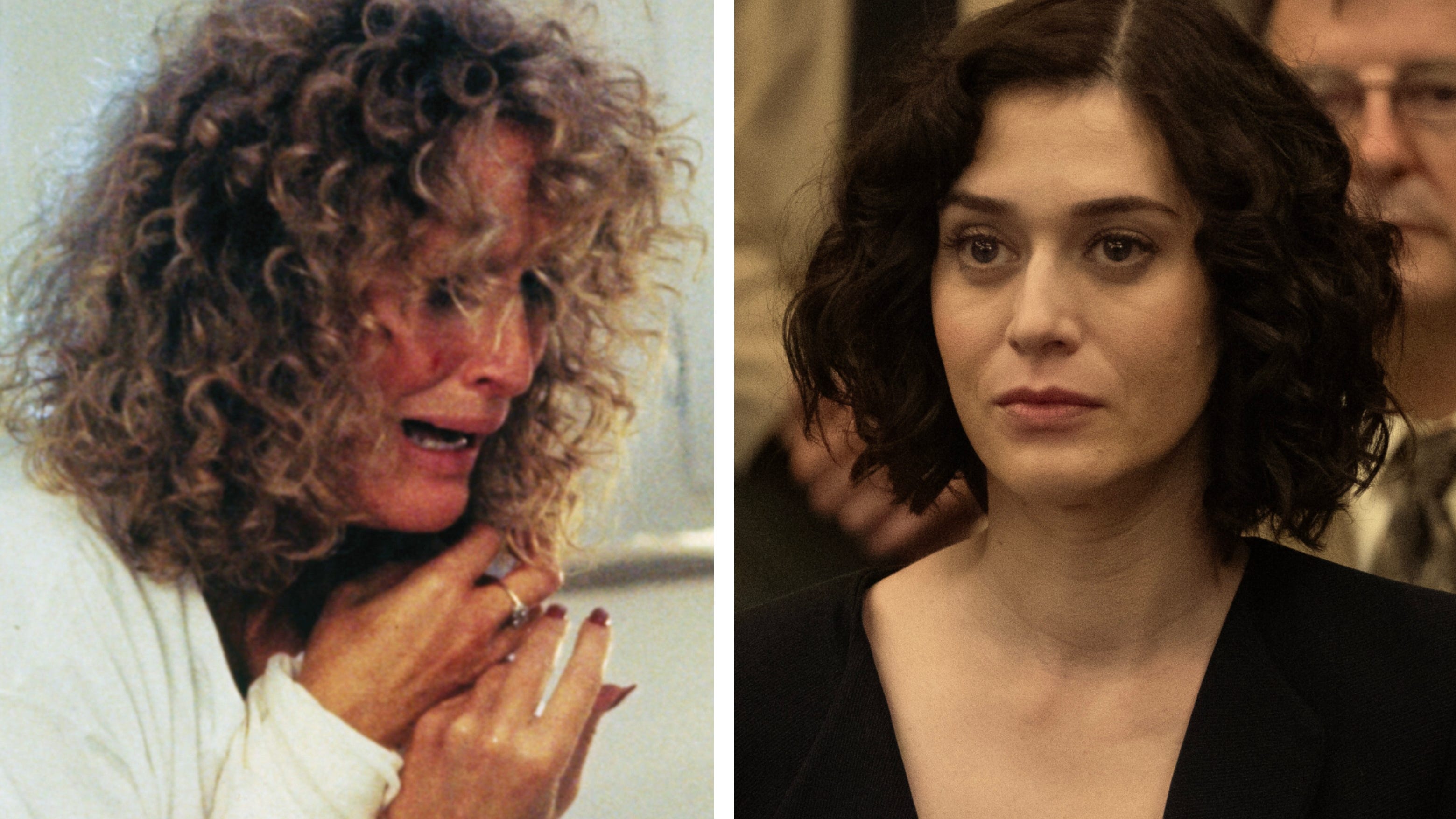 Glenn Close, left, in the 1987 film "Fatal Attraction;" and Lizzy Caplan in the 2023 TV version.