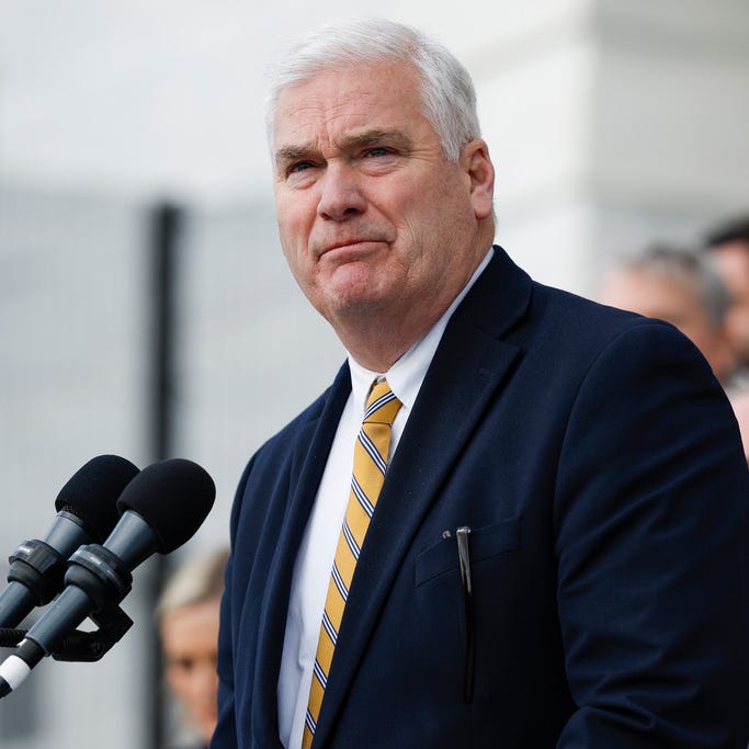 House Majority Whip Tom Emmer, R-Minn., speaks at an event celebrating 100 days of House Republican rule at the Capitol Building April 17, 2023 in Washington, DC. Republican leadership spoke on legislative items accomplished, including requirements for in-person work for Congressional staff following the end of Covid-19 restrictions.