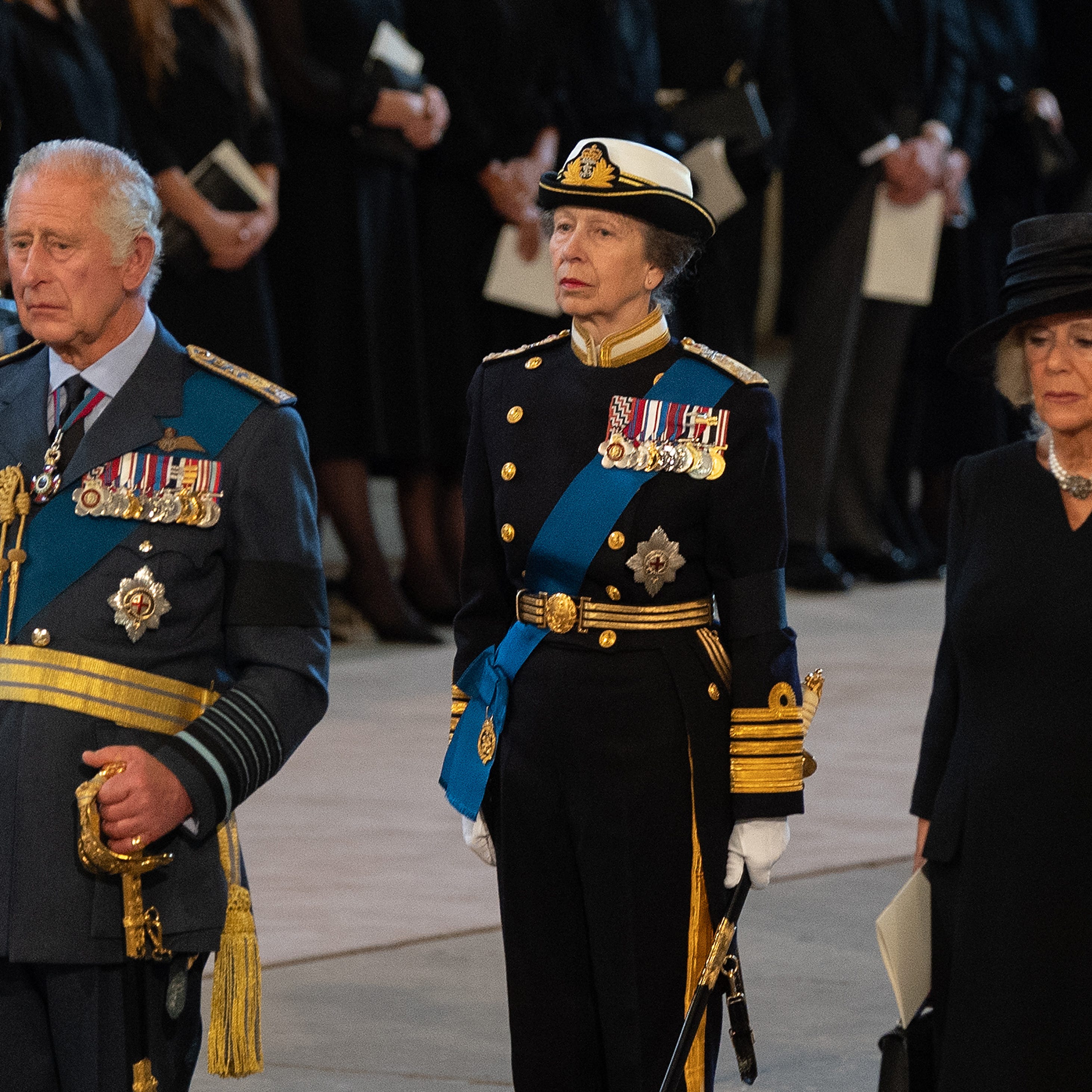 LONDON, ENGLAND - SEPTEMBER 14: King Charles III, Princess Anne, Princess Royal and Camilla, Queen Consort pay their respects in The Palace of Westminster during the procession for the Lying-in State of Queen Elizabeth II on September 14, 2022 in London, England. Queen Elizabeth II's coffin is taken in procession on a Gun Carriage of The King's Troop Royal Horse Artillery from Buckingham Palace to Westminster Hall where she will lay in state until the early morning of her funeral. Queen Elizabeth II died at Balmoral Castle   in Scotland on September 8, 2022, and is succeeded by her eldest son, King Charles III.  (Photo by David Ramos/Getty Images) ORG XMIT: 775869608 ORIG FILE ID: 1423653124