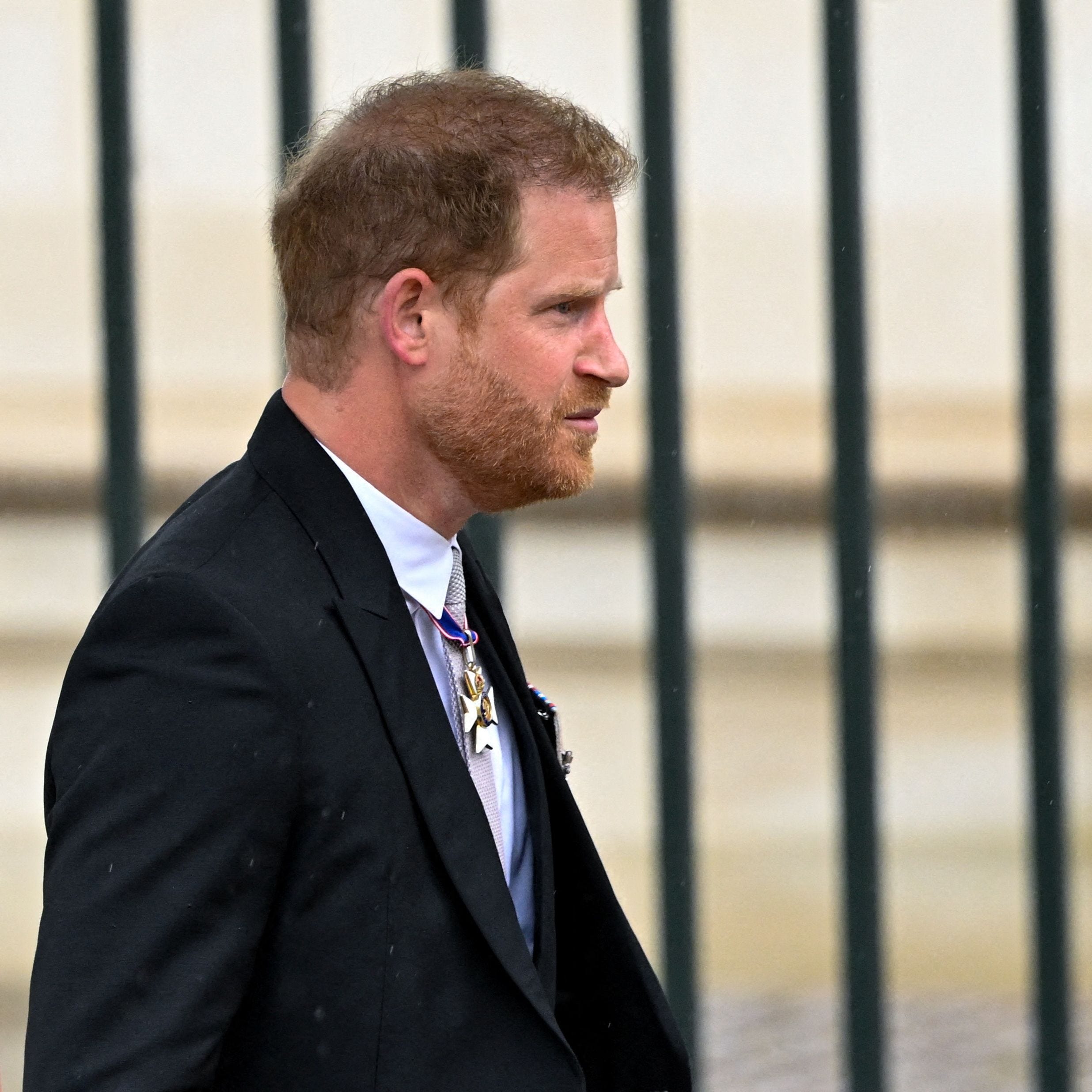 Prince Harry, Duke of Sussex, arrives at Westminster Abbey on May 6, 2023, ahead of the coronations of King Charles III, his father, and Camilla, Queen Consort.