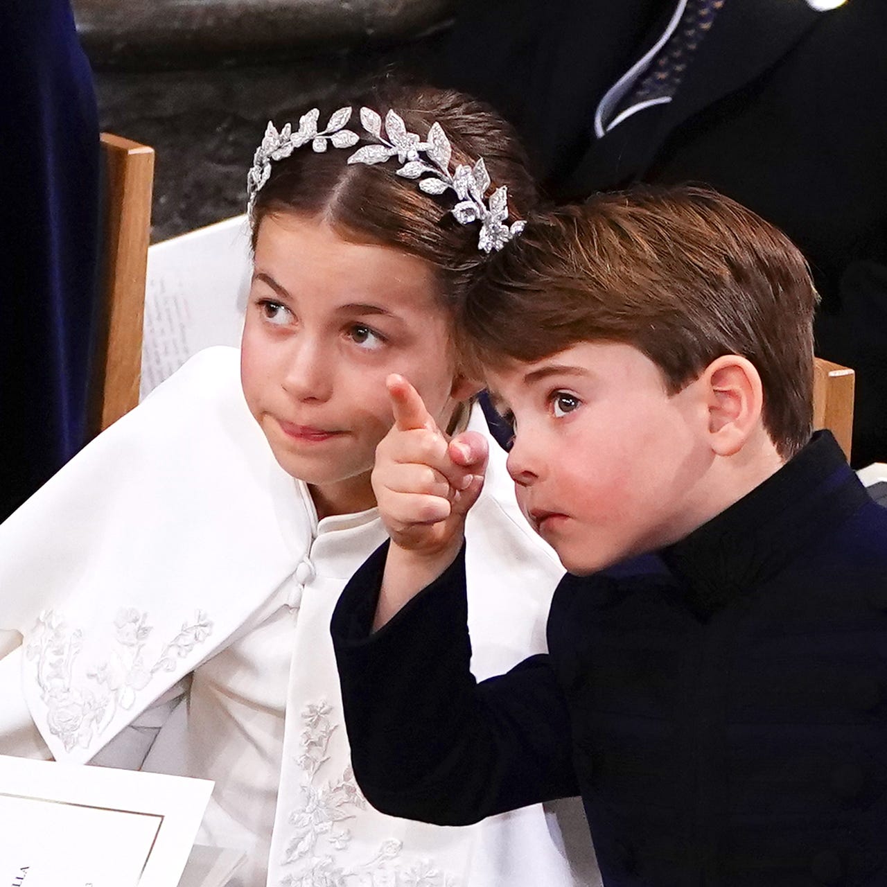 Princess Charlotte and Prince Louis attend the Coronation of King Charles III and Queen Camilla at Westminster Abbey on May 6, 2023 in London, England.