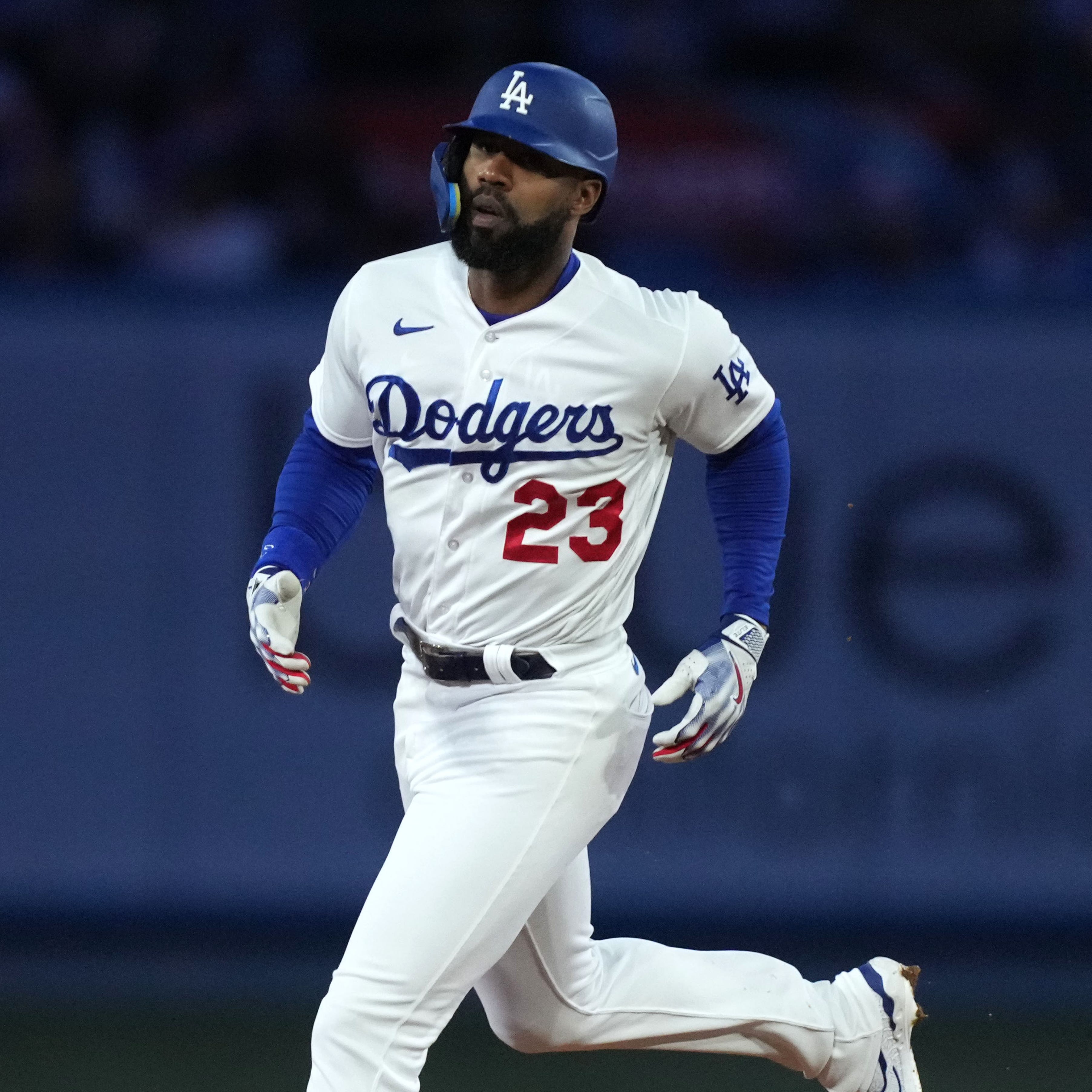 Dodgers outfielder Jason Heyward rounds the bases after hitting a home run earlier this season.