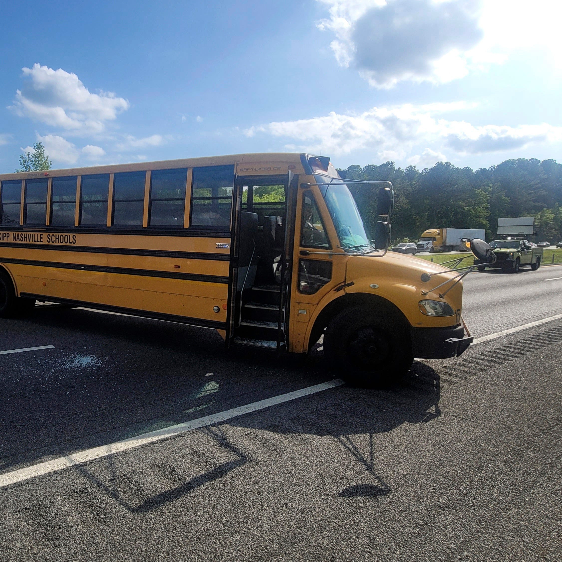 This photo provided by Metropolitan Nashville Police shows a school bus on Interstate 40 in Nashville, Saturday, May 6, 2023. A 14-year-old stole the school bus and drove it around Nashville before police were able to capture the teen as he tried to turn it around in the middle of Interstate 40, according to police.