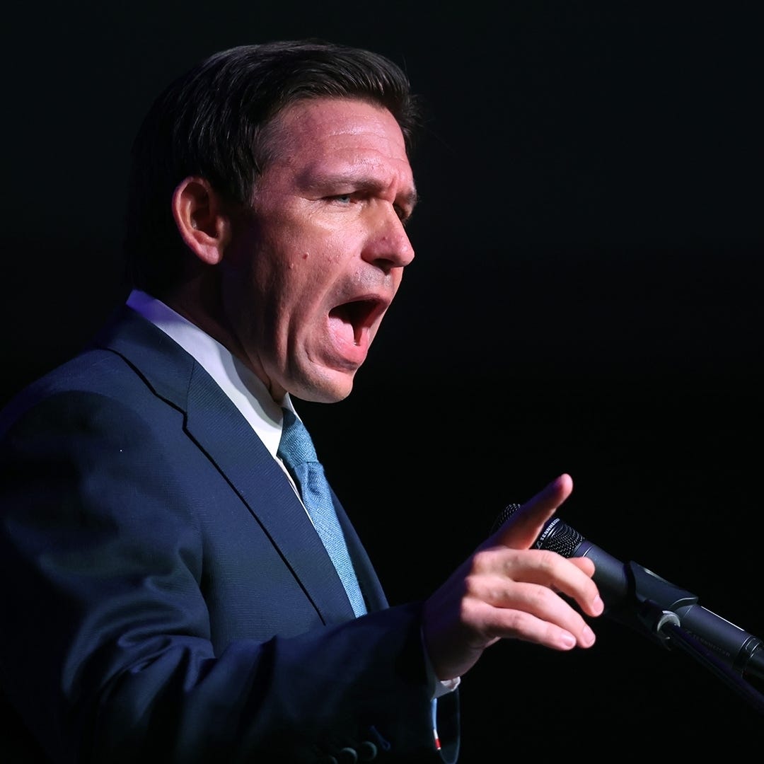 RFlorida Governor Ron DeSantis speaks to guests at the Republican Party of Marathon County Lincoln Day Dinner annual fundraiser on May 06, 2023 in Rothschild, Wisconsin.