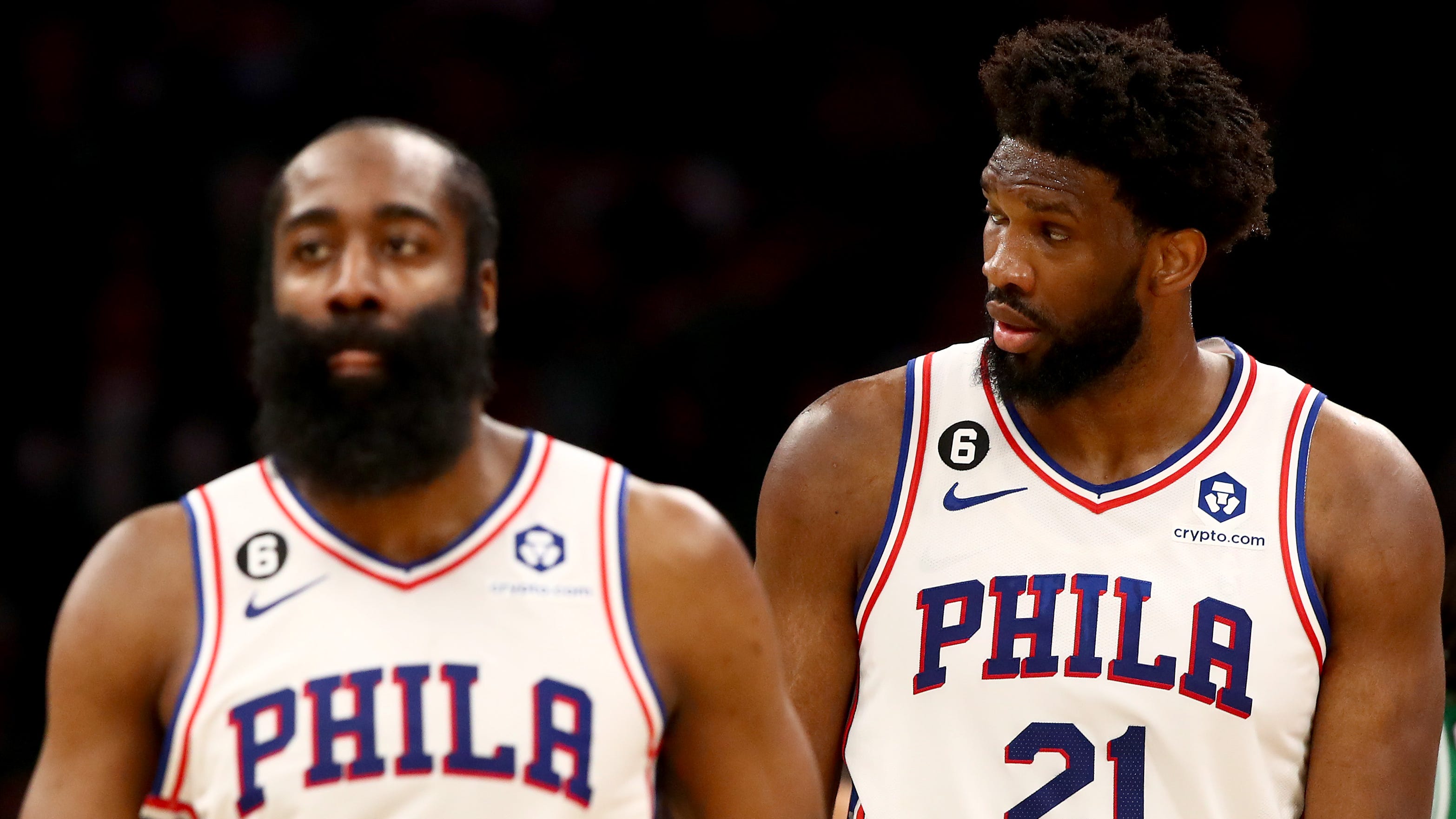 James Harden and Joel Embiid react during the 76ers' Game 7 loss to the Celtics in Boston.