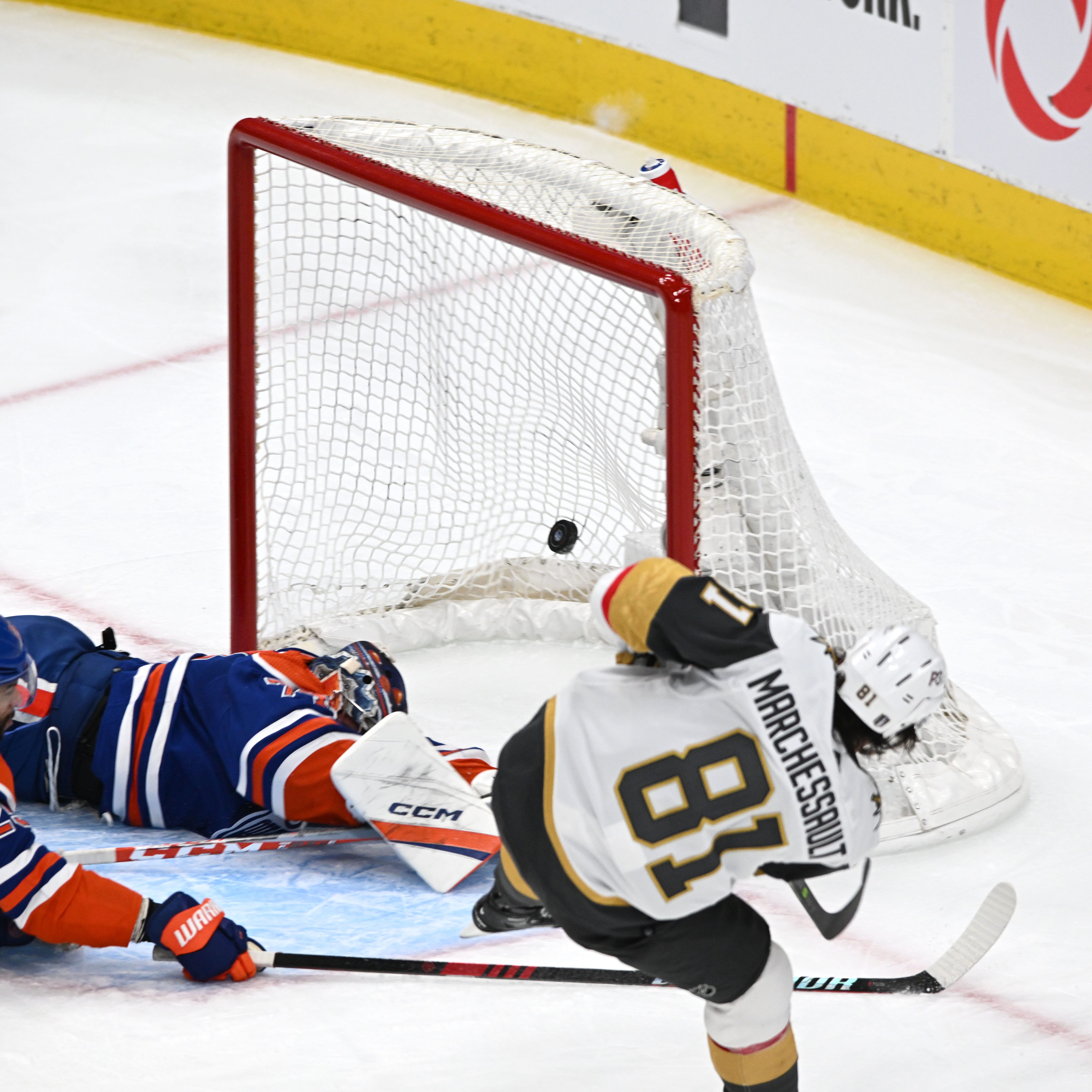 Vegas Golden Knights right wing Jonathan Marchessault scores one of his three second-period goals against the Edmonton Oilers.