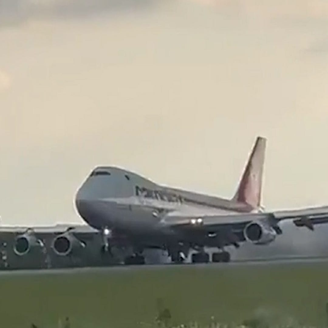 A dramatic emergency landing Sunday caught on video shows part of a plane's landing gear snap off during touchdown in Luxembourg on Sunday, May 14, 2023. The plane was bound for Chicago.