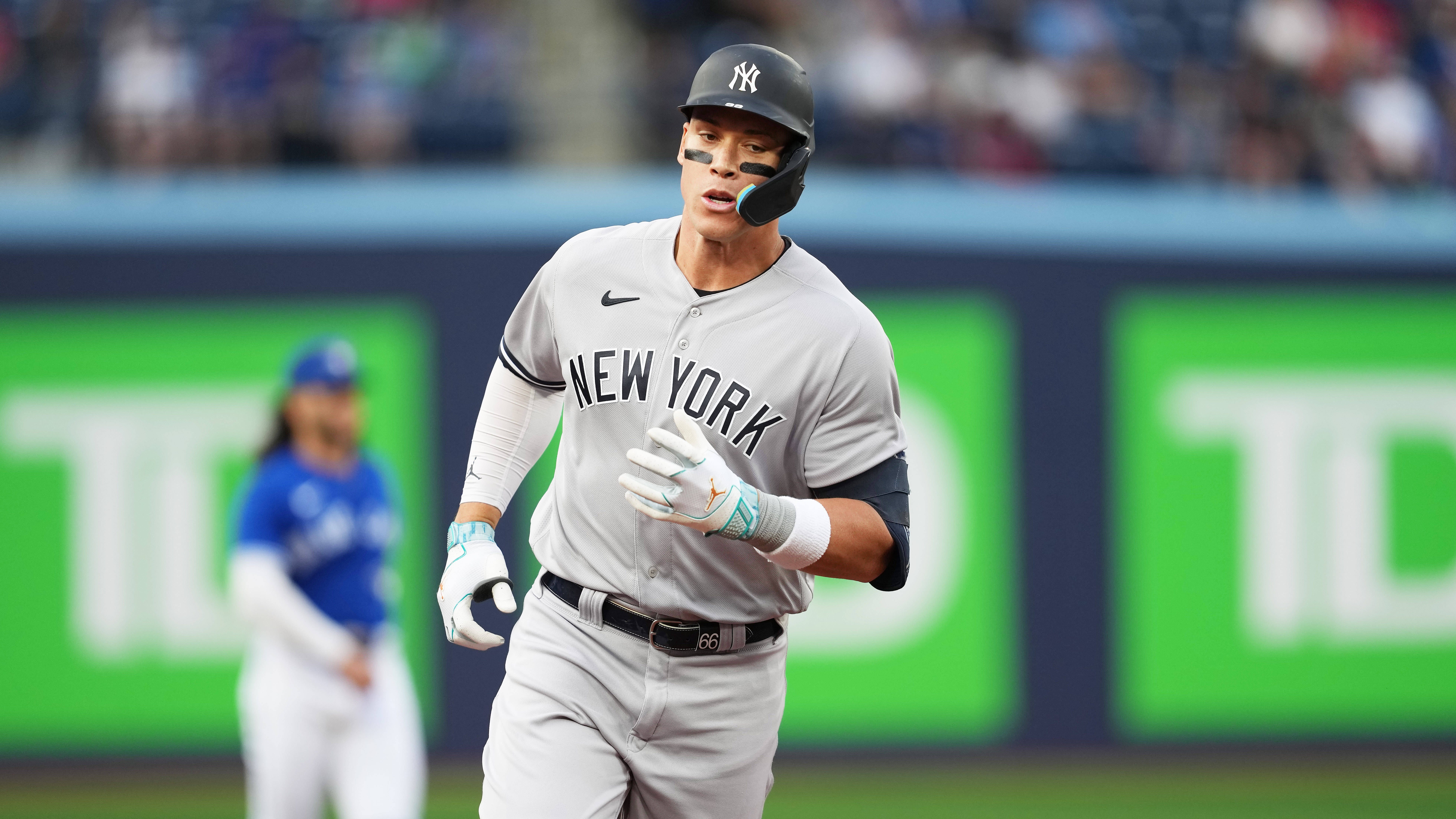 May 15, 2023; Toronto, Ontario, CAN; New York Yankees right fielder Aaron Judge (99) runs the bases after hitting a home run against the Toronto Blue Jays during the first inning at Rogers Centre.