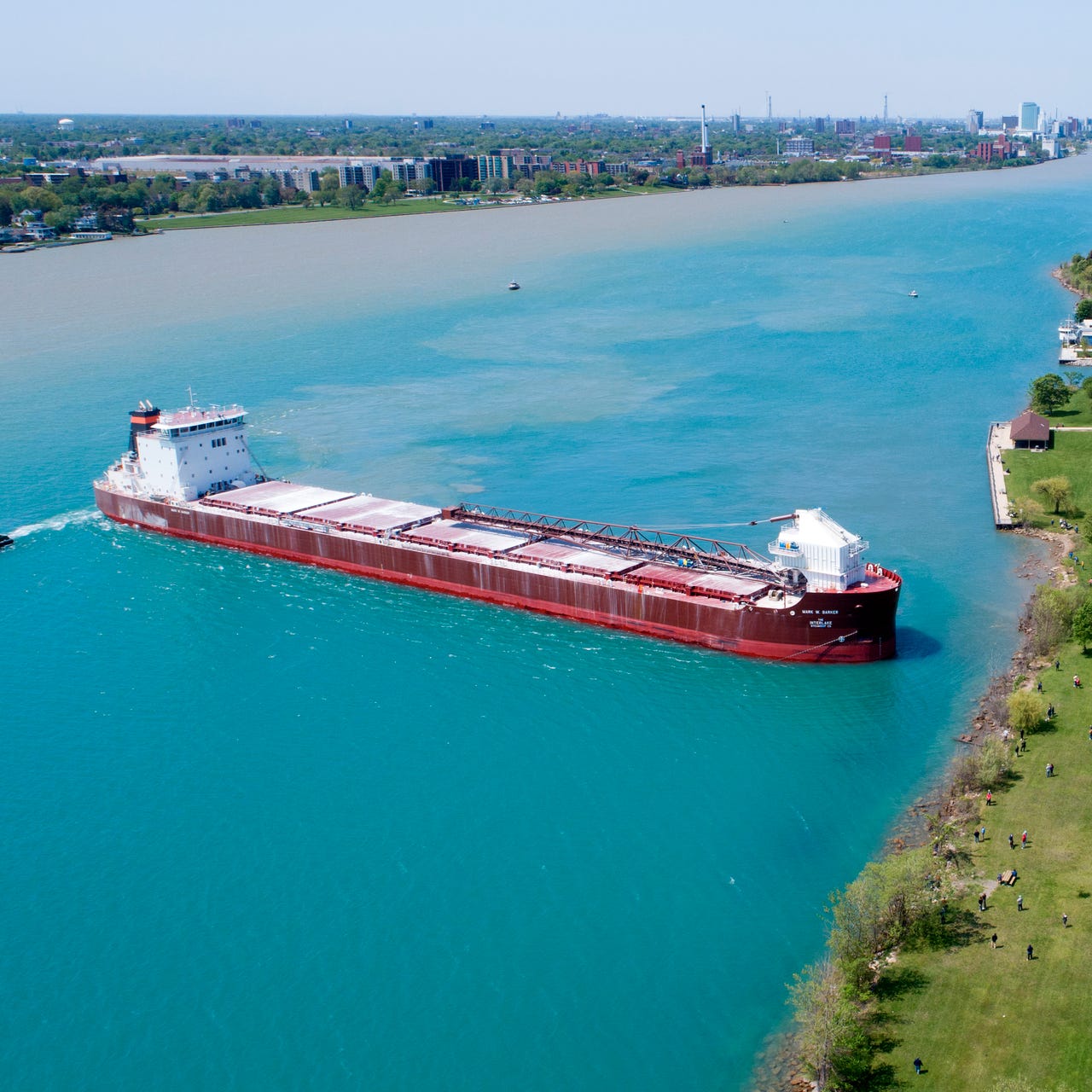 The Mark W. Barker of the Interlake Steamship Company ran aground on Belle Isle in Detroit on Wednesday morning May 17, 2023.      