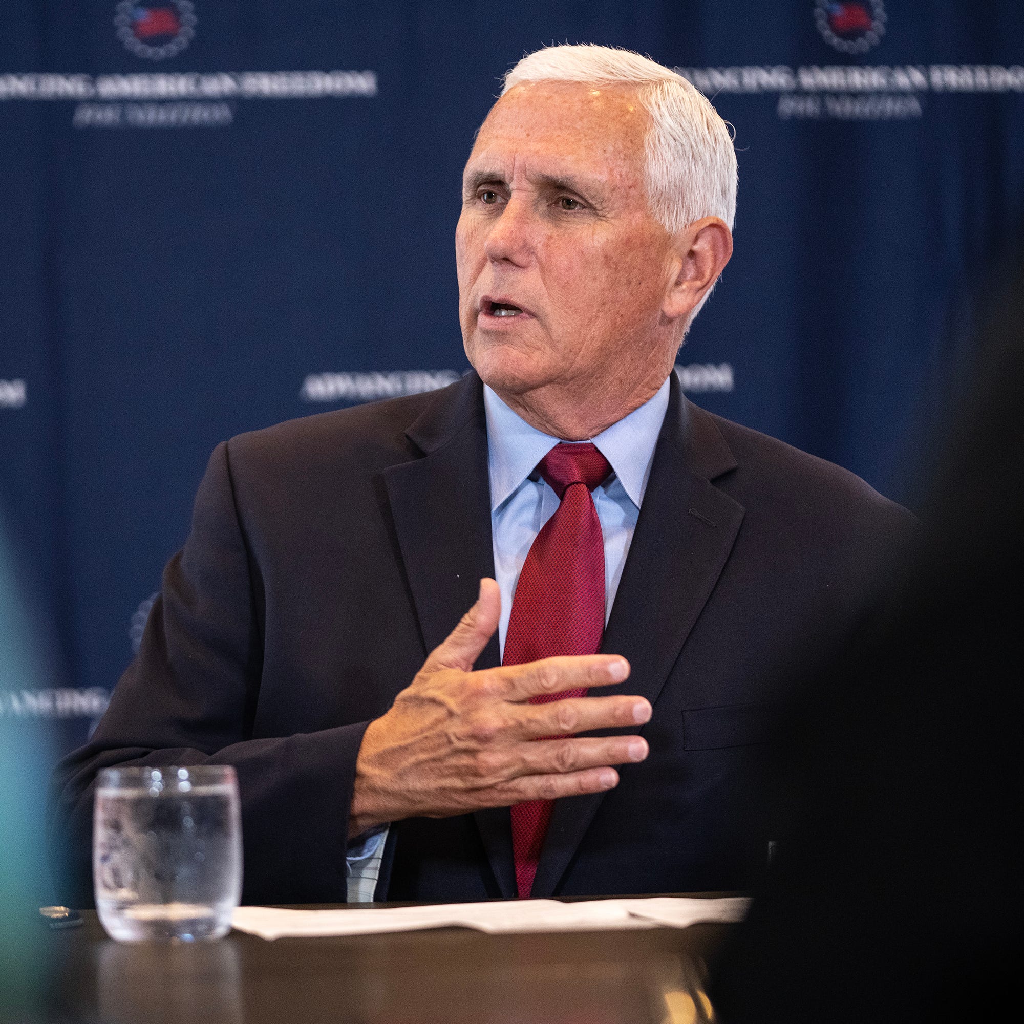 Former Vice President Mike Pence gives opening remarks before a roundtable discussion about parental choice, on Wednesday, May 24, 2023, in Des Moines. 