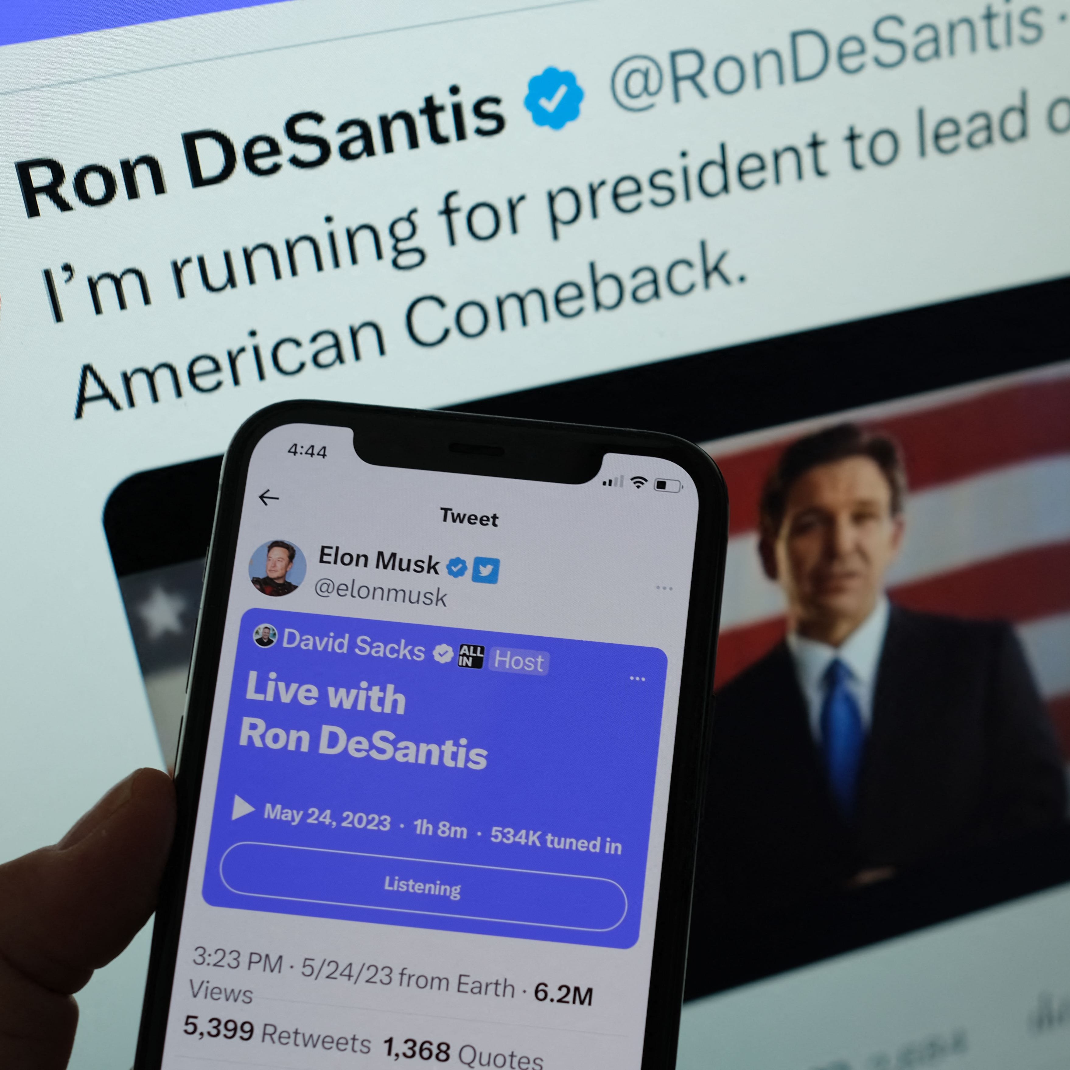 This illustration photo shows the live Twitter talk with Elon Musk on a background of Ron DeSantis as he announces his 2024 presidential run on his Twitter page, May 24, 2023 in Los Angeles, California. Republican Ron DeSantis kicked off his 2024 presidential campaign May 24, 2023 with a live event opposite Twitter boss Elon Musk that descended into farce as it was beset by technical bugs. (Photo by Chris DELMAS / AFP) (Photo by CHRIS DELMAS/AFP via Getty Images) ORIG FILE ID: AFP_33G62PF.jpg