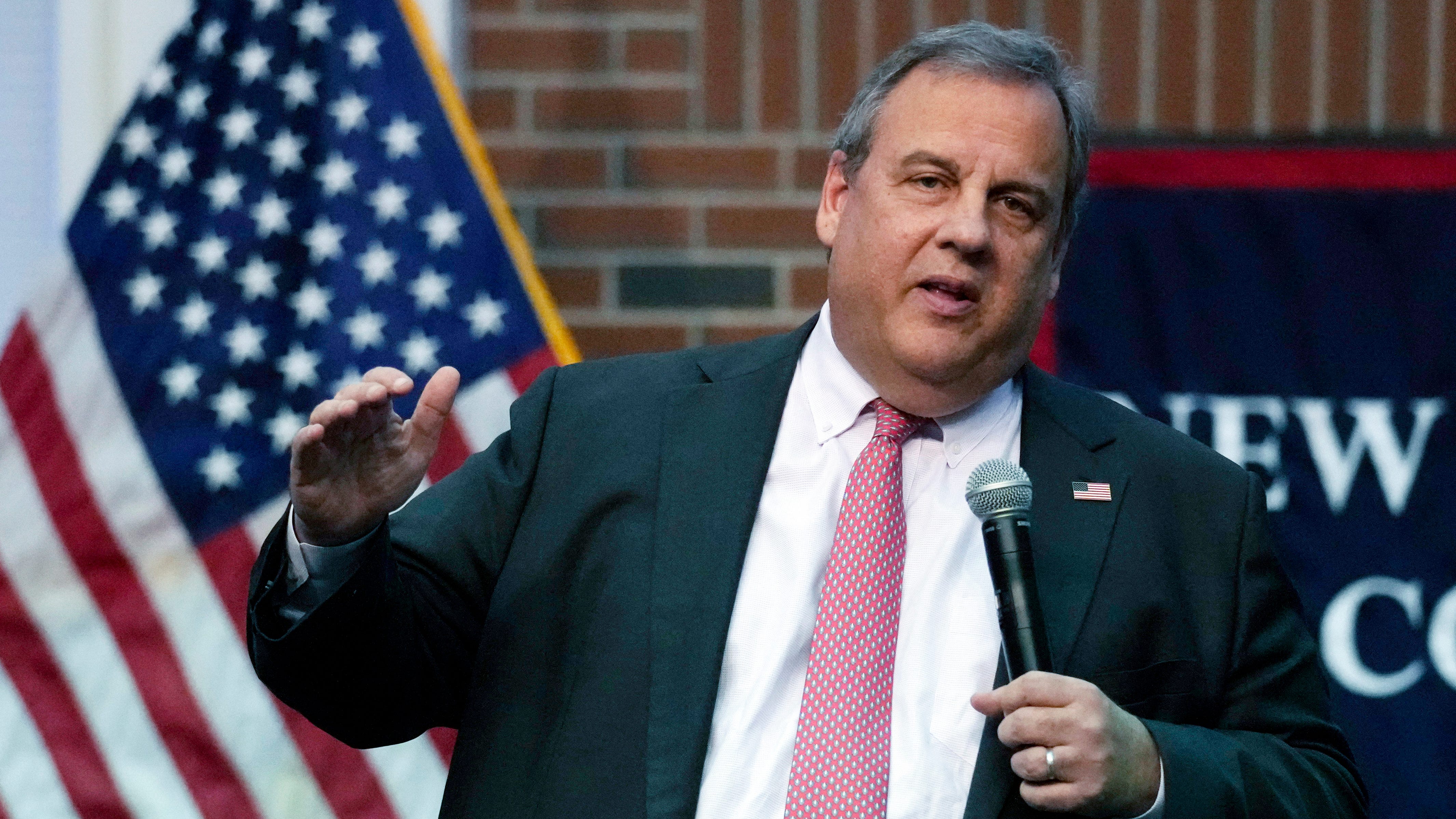 Former New Jersey Gov. Chris Christie addresses a gathering during a town hall style meeting at New England College, April 20, 2023, in Henniker, N.H.