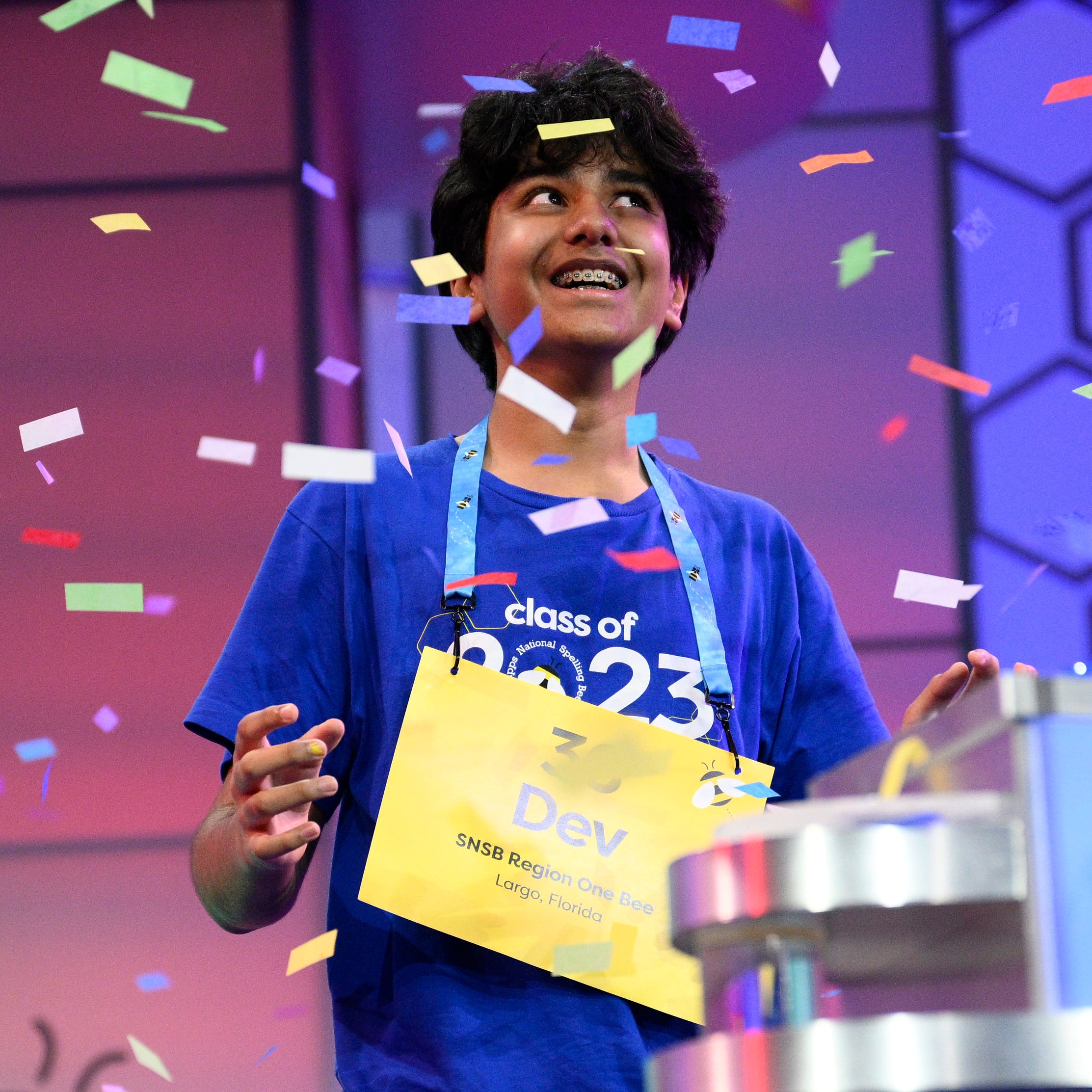 Dev Shah, 14, from Largo, Fla., reacts as he wins the 2023 Scripps National Spelling Bee.