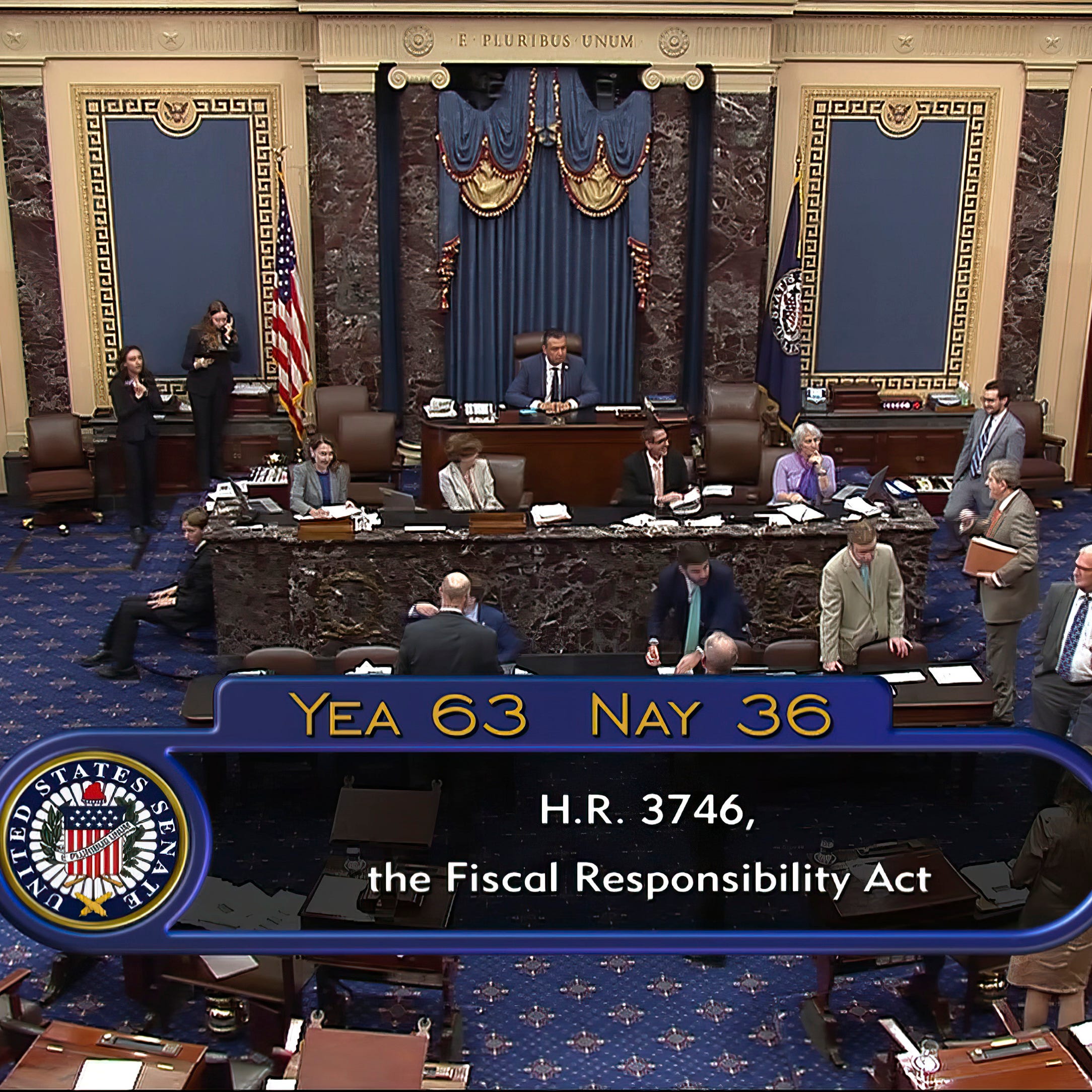 In this image from Senate Television, the final vote of 63-36 shows passage of the bill to raise the debt ceiling Thursday night, June 1, 2023, in the Senate at the Capitol in Washington. President Joe Biden is expected to quickly sign the bill that will stave off default.