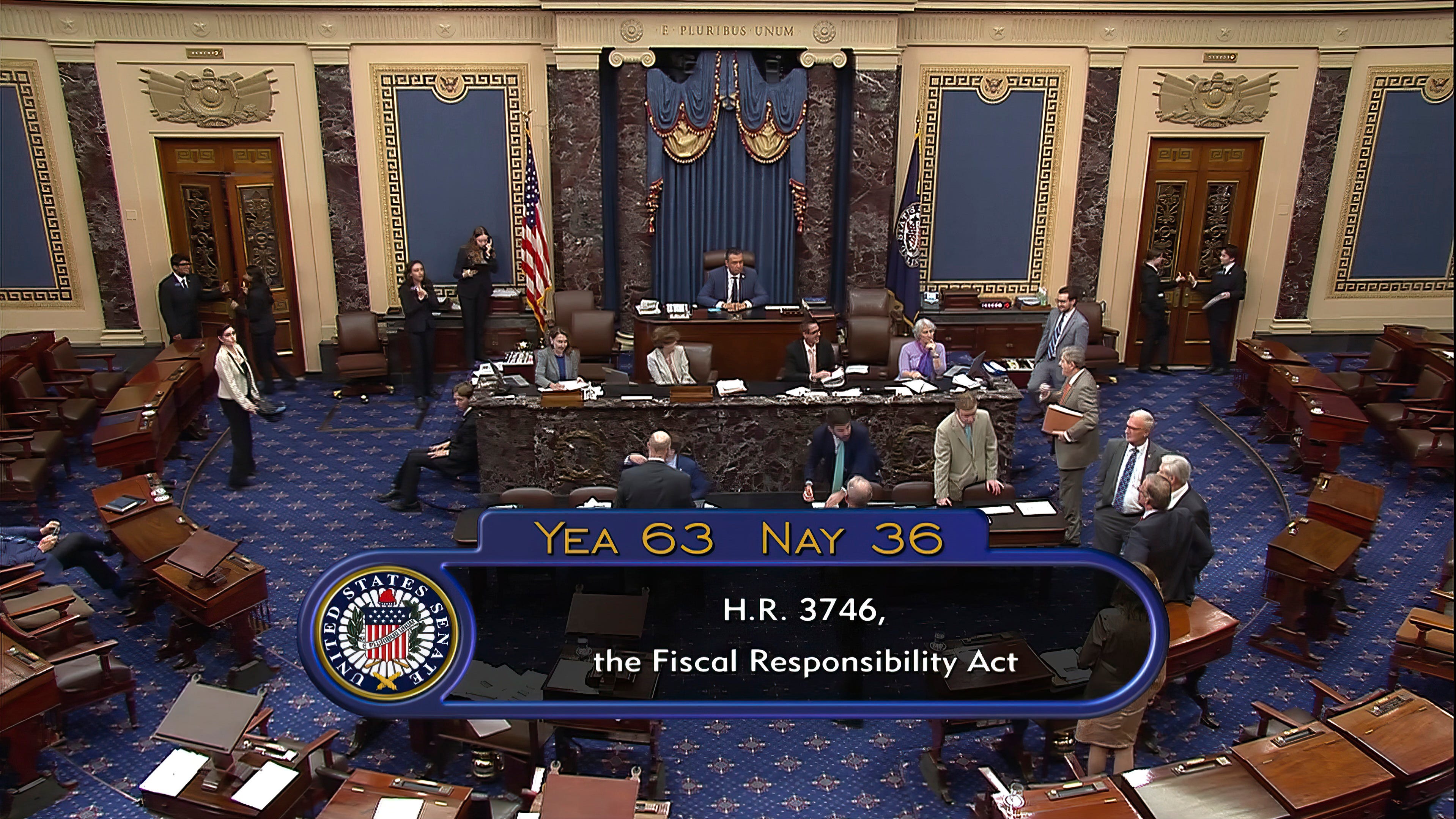 In this image from Senate Television, the final vote of 63-36 shows passage of the bill to raise the debt ceiling Thursday night, June 1, 2023, in the Senate at the Capitol in Washington. President Joe Biden is expected to quickly sign the bill that will stave off default.