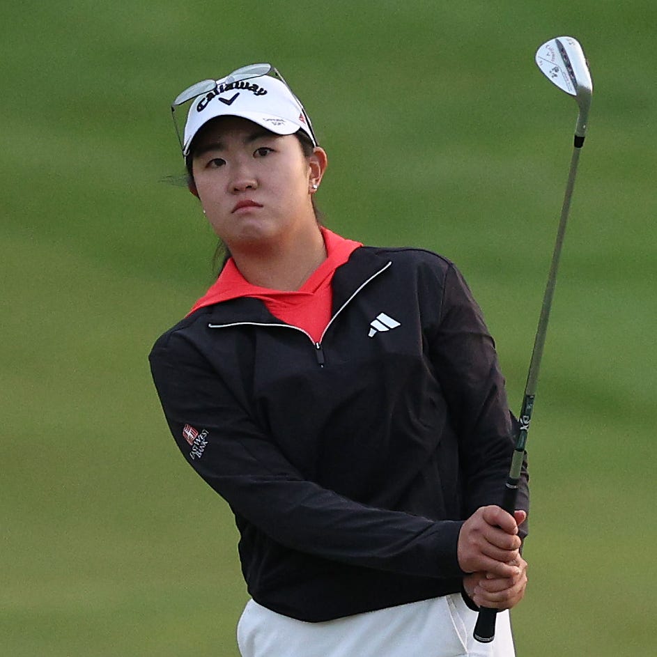 Rose Zhang watches her shot on the 18th hole during the final round of the Mizuho Americas Open at Liberty National Golf Club in Jersey City, New Jersey.