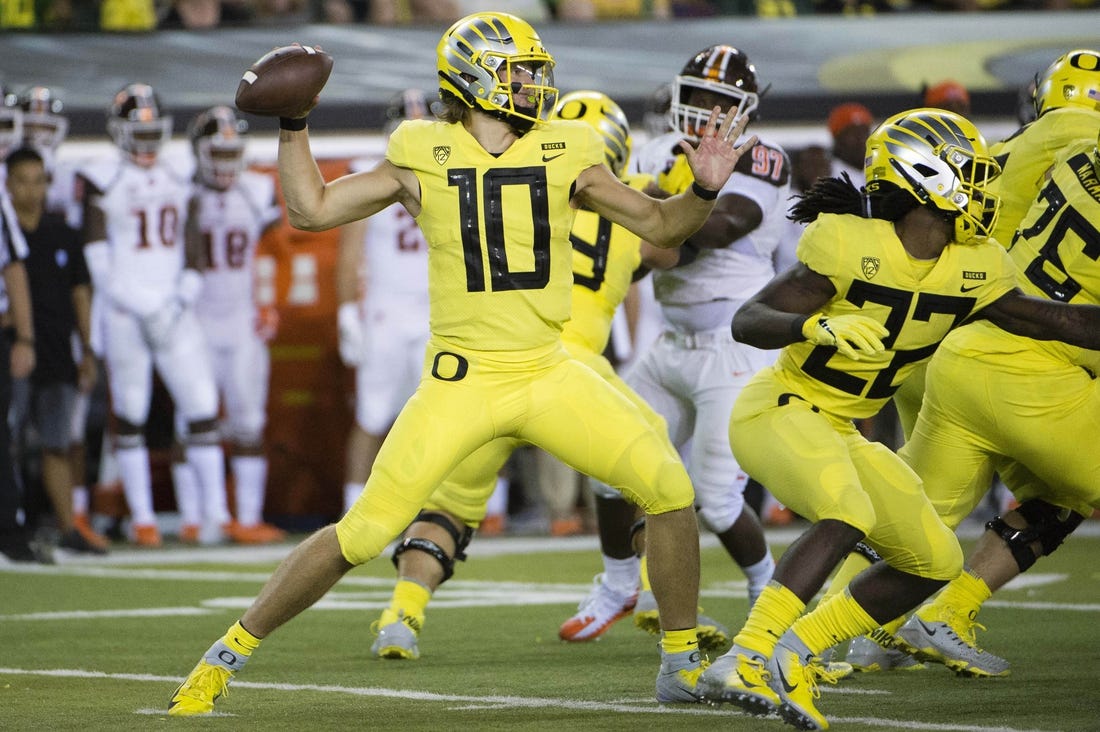 Oregon Ducks quarterback Justin Herbert is coming off a five-touchdown passing performance against Bowling Green last week heading into this week's game against the visiting Portland State Vikings.