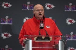 Feb 7, 2024; Las Vegas, NV, USA; Kansas City Chiefs head coach Andy Reid speaks during a press conference before Super Bowl LVIII at Westin Lake Las Vegas Resort and Spa. Mandatory Credit: Kirby Lee-USA TODAY Sports
