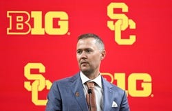 Jul 24, 2024; Indianapolis, IN, USA;  USC Trojans head coach Lincoln Riley speaks to the media during the Big 10 football media day at Lucas Oil Stadium. Mandatory Credit: Robert Goddin-USA TODAY Sports